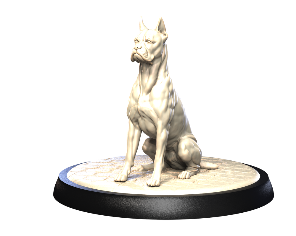 Unpainted 3D printed resin Boxer dog figurine sitting on a textured circular base for dioramas.