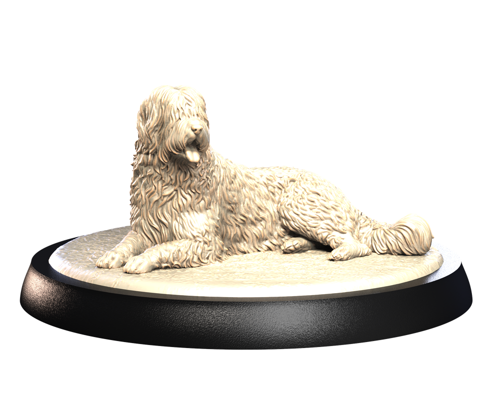 Unpainted 3D printed resin miniature of a Briard dog lying down on a textured circular display base.