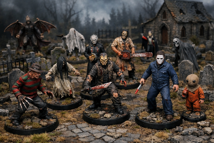 Detailed 3D printed horror movie character miniatures painted for a graveyard diorama with stone ruins and tombstones.