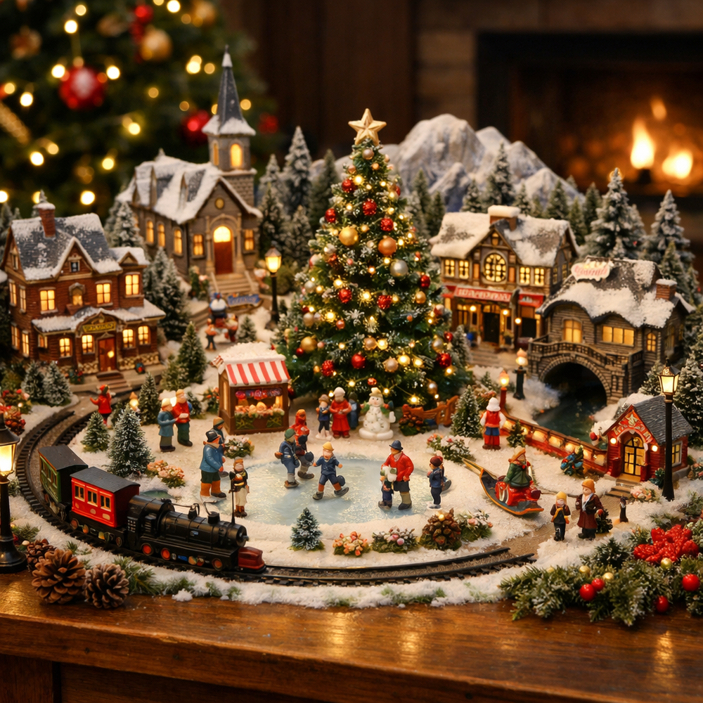 Detailed 3D printed Christmas village scene with a central ice rink, miniature figures, festive buildings, and a toy train.