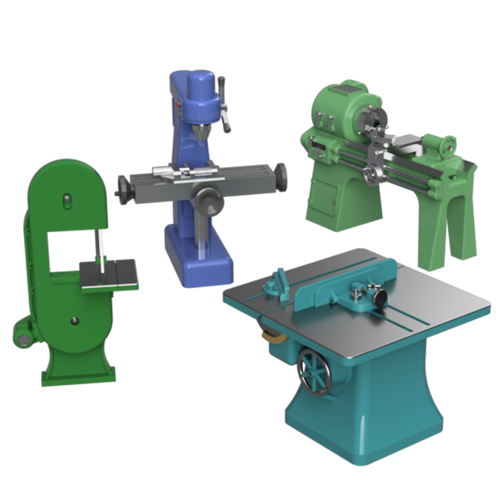 Four industrial metalworking machines shown on a plain white background: a green bandsaw, a blue drill press, a green lathe, and a teal table saw.