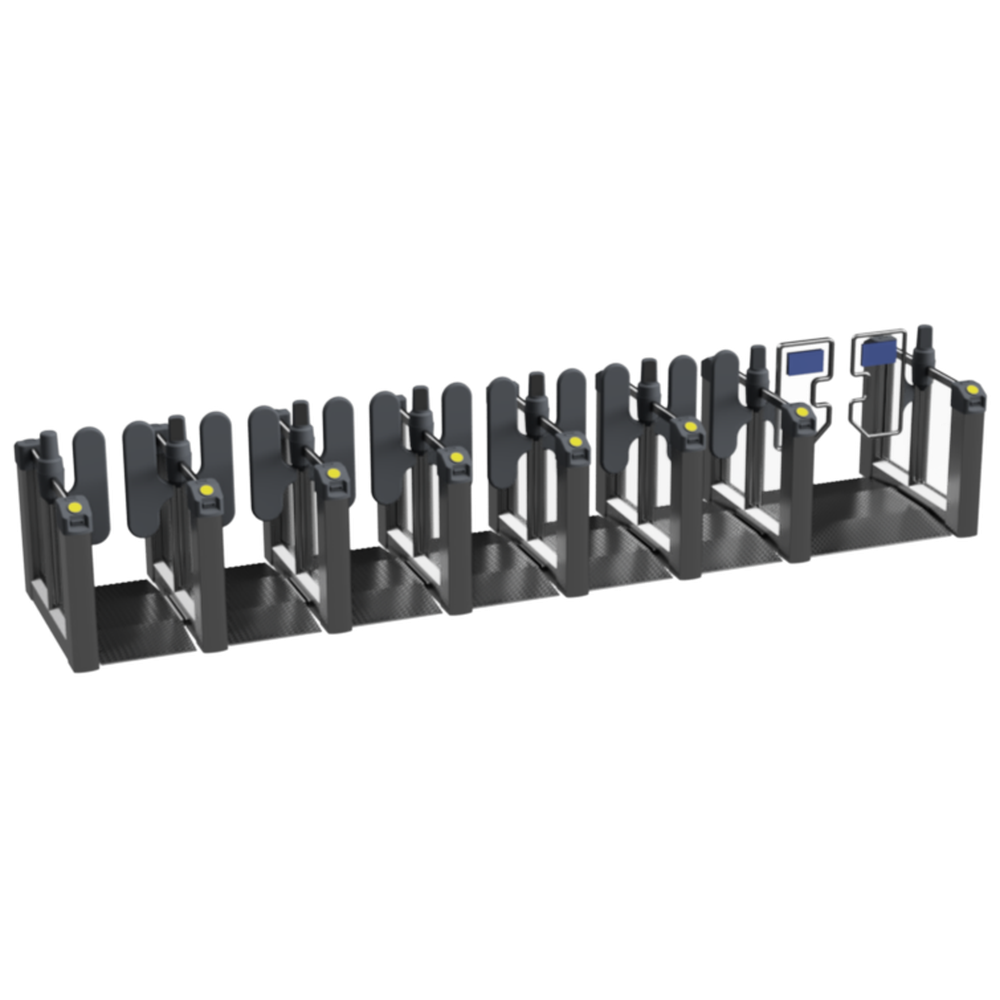 A 10-bay black metal bicycle parking rack system with integrated card readers and a central control console, shown on a plain white background.