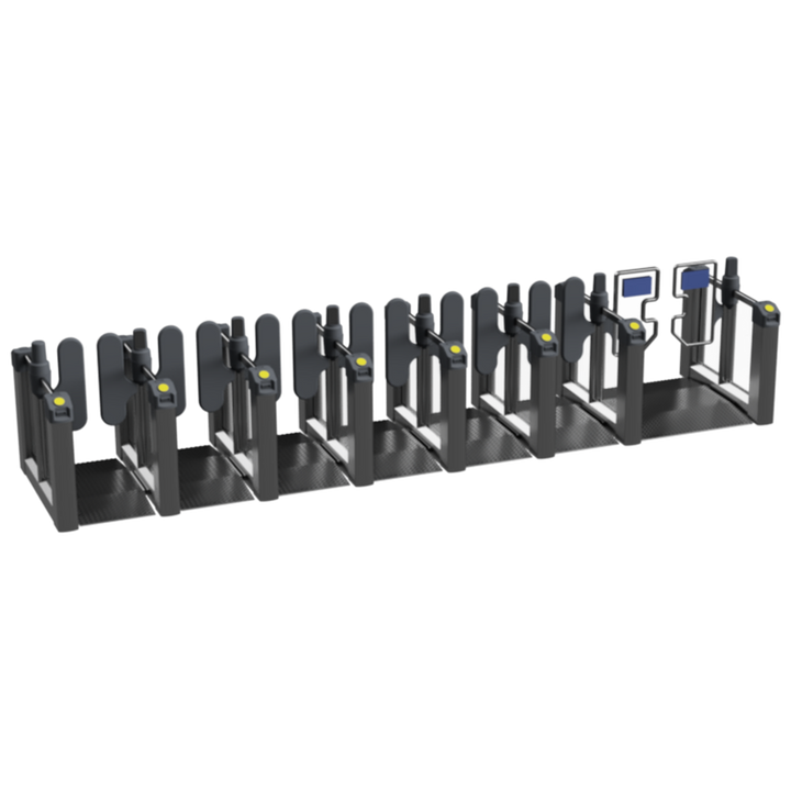 A 10-bay black metal bicycle parking rack system with integrated card readers and a central control console, shown on a plain white background.