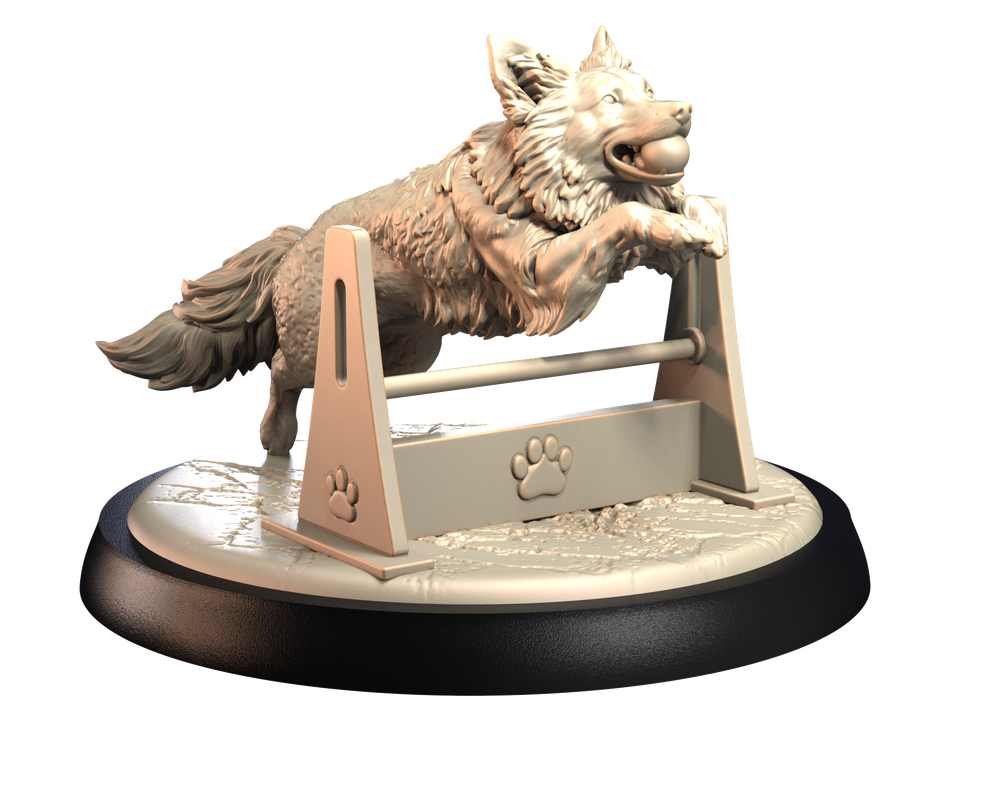 Unpainted 3D printed resin miniature of a Border Collie jumping over a flyball hurdle with a ball in its mouth.