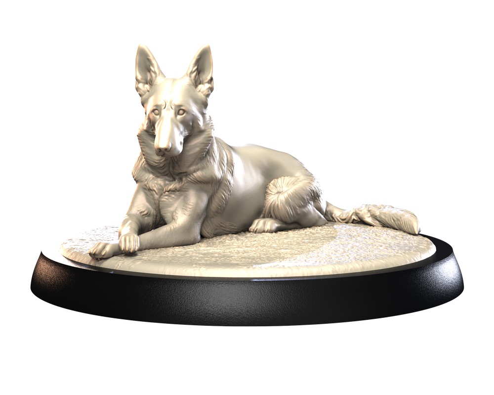 Unpainted 3D printed resin German Shepherd figurine lying on a textured base, perfect for dioramas and model railways.