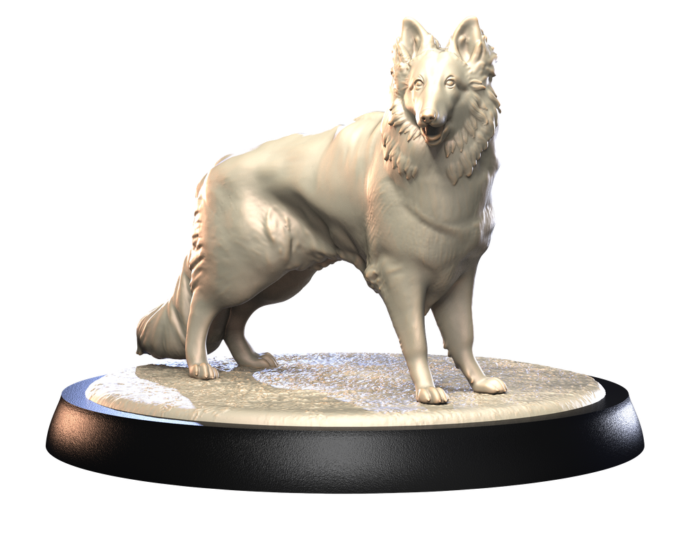 Unpainted 3D printed German Shepherd miniature in light resin on a circular display base for dioramas and hobbyists.