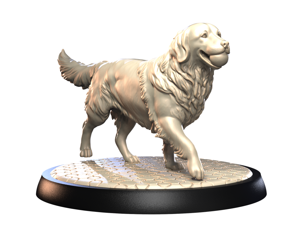 Unpainted 3D printed resin Golden Retriever miniature holding a ball, standing on a textured cobblestone base.