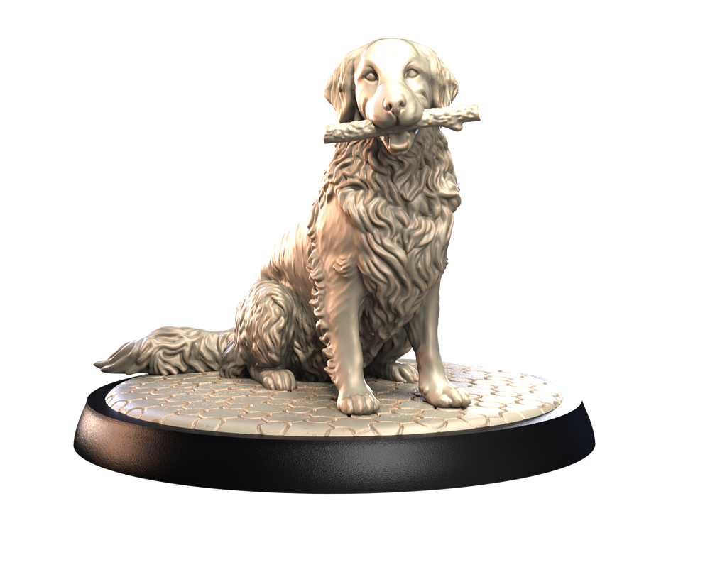 Unpainted 3D printed resin miniature of a Golden Retriever sitting on a cobblestone base, holding a stick in its mouth.