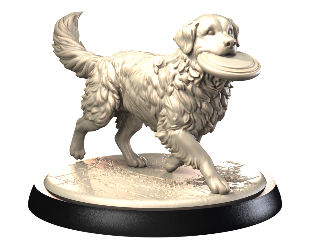 Unpainted 3D printed resin miniature of a Golden Retriever dog holding a frisbee, standing on a textured circular base.