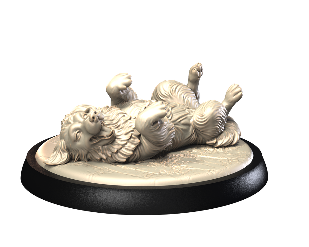 Unpainted 3D printed resin miniature of a Golden Retriever lying on its back, set on a circular display base.