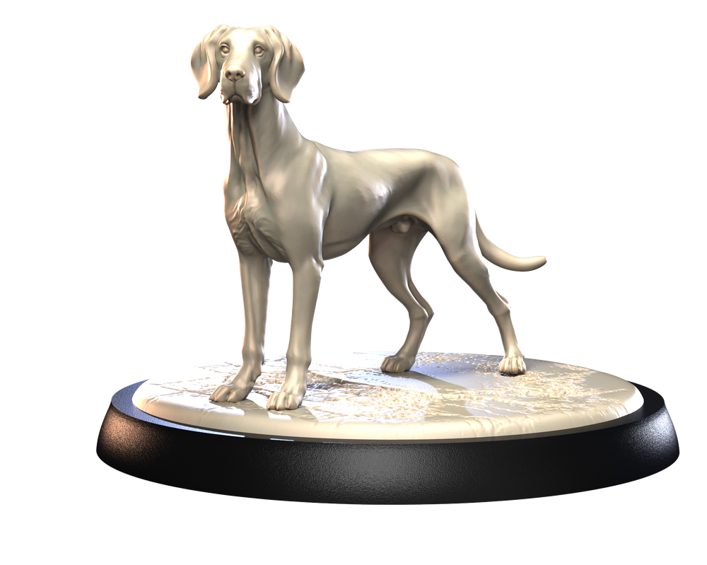 Unpainted 3D printed Great Dane miniature standing on a textured circular base, rendered in a smooth light grey resin.