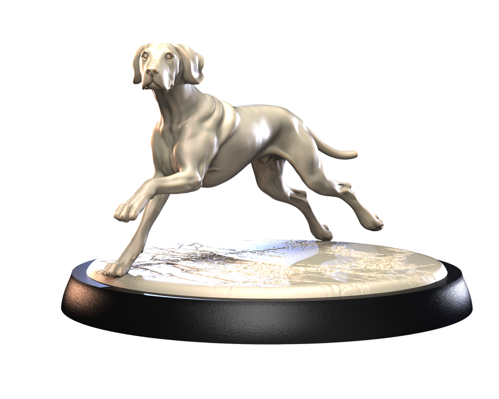 Unpainted 3D printed Great Dane dog miniature in a running pose on a textured circular display base.
