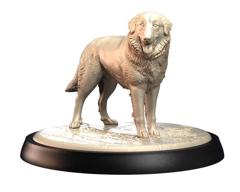Unpainted 3D printed Great Pyrenees dog miniature on a circular base, featuring detailed fur texture and realistic pose.