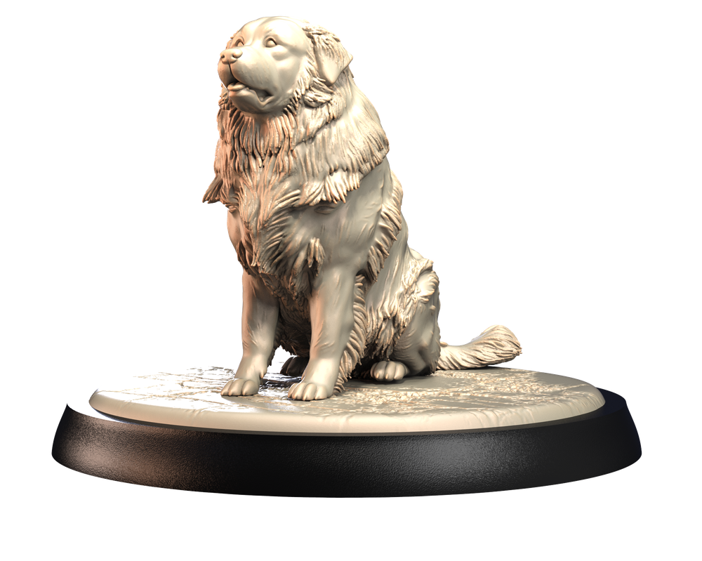 Unpainted 3D printed Great Pyrenees dog miniature in beige resin, featuring detailed fur texture on a round display base.