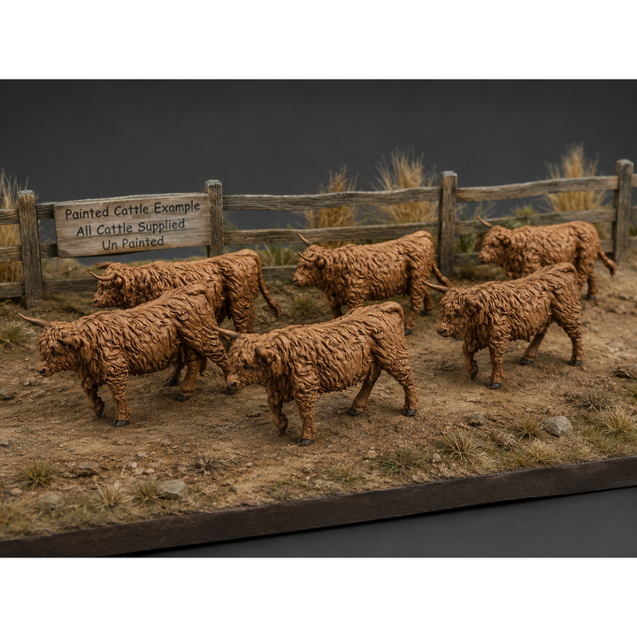 Model of painted Highland cattle in a fenced area with a sign indicating painted vs. unpainted cattle.