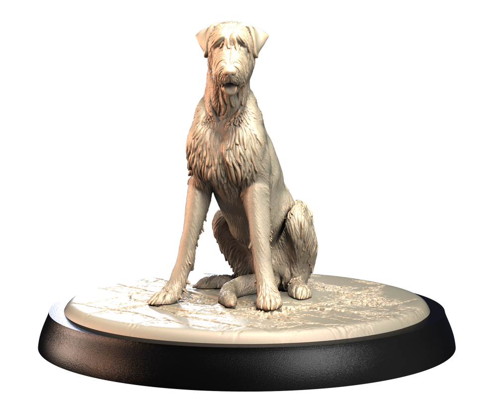 Unpainted 3D printed resin model of a sitting Irish Wolfhound on a textured circular display base.