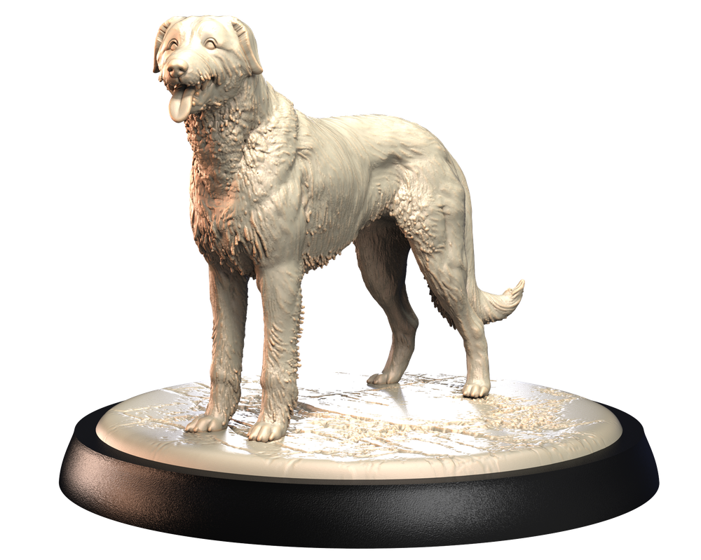 Unpainted 3D printed resin miniature of an Irish Wolfhound standing on a circular base, featuring detailed fur texture.