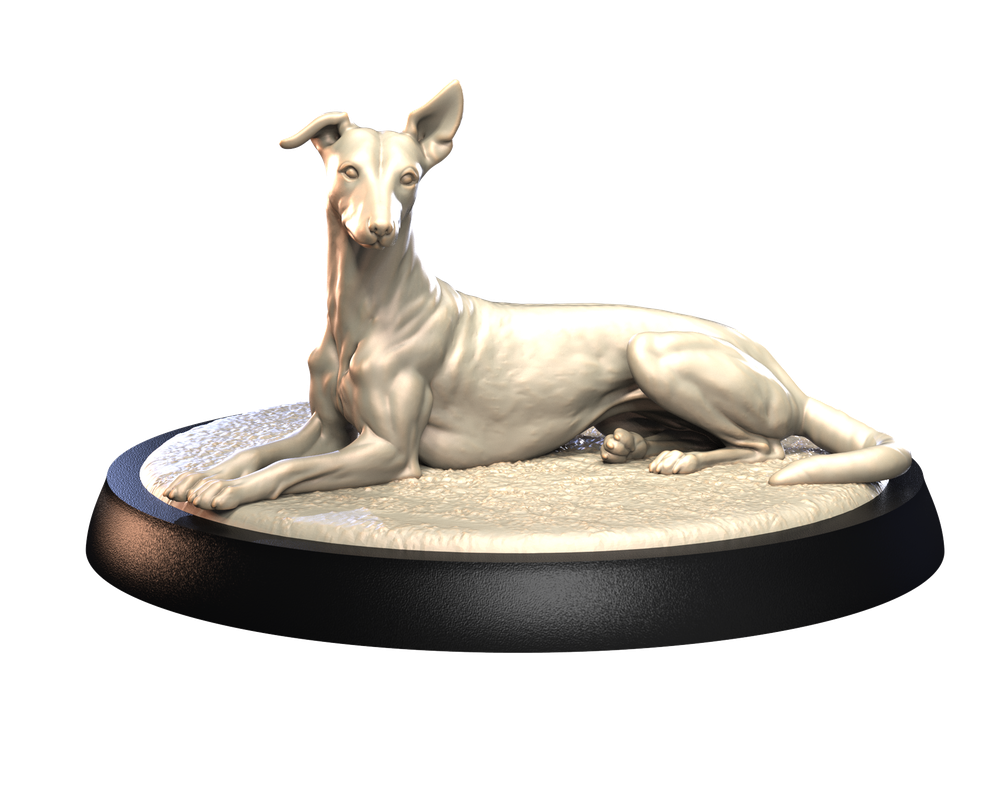 Unpainted 3D printed resin miniature of a lying Italian Greyhound on a textured circular base.