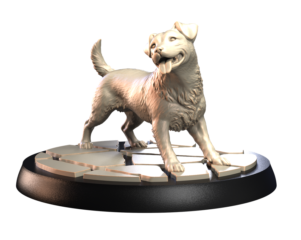 Unpainted 3D printed Jack Russell Terrier miniature standing on a textured stone-effect display base.