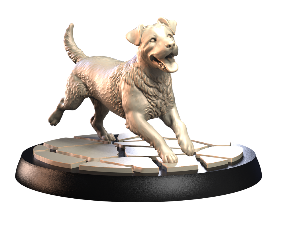 Unpainted 3D printed resin Jack Russell Terrier miniature running on a textured stone-effect circular base.