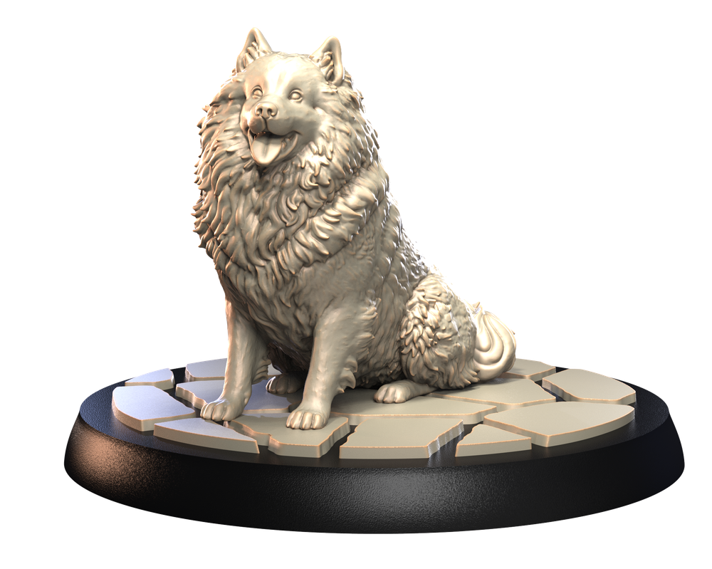 Unpainted 3D printed resin Keeshond dog figurine sitting on a circular stone-effect display base.