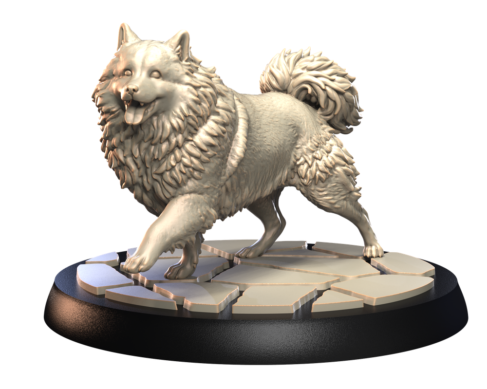 Unpainted 3D printed resin miniature of a fluffy Keeshond dog standing on a textured stone-style display base.
