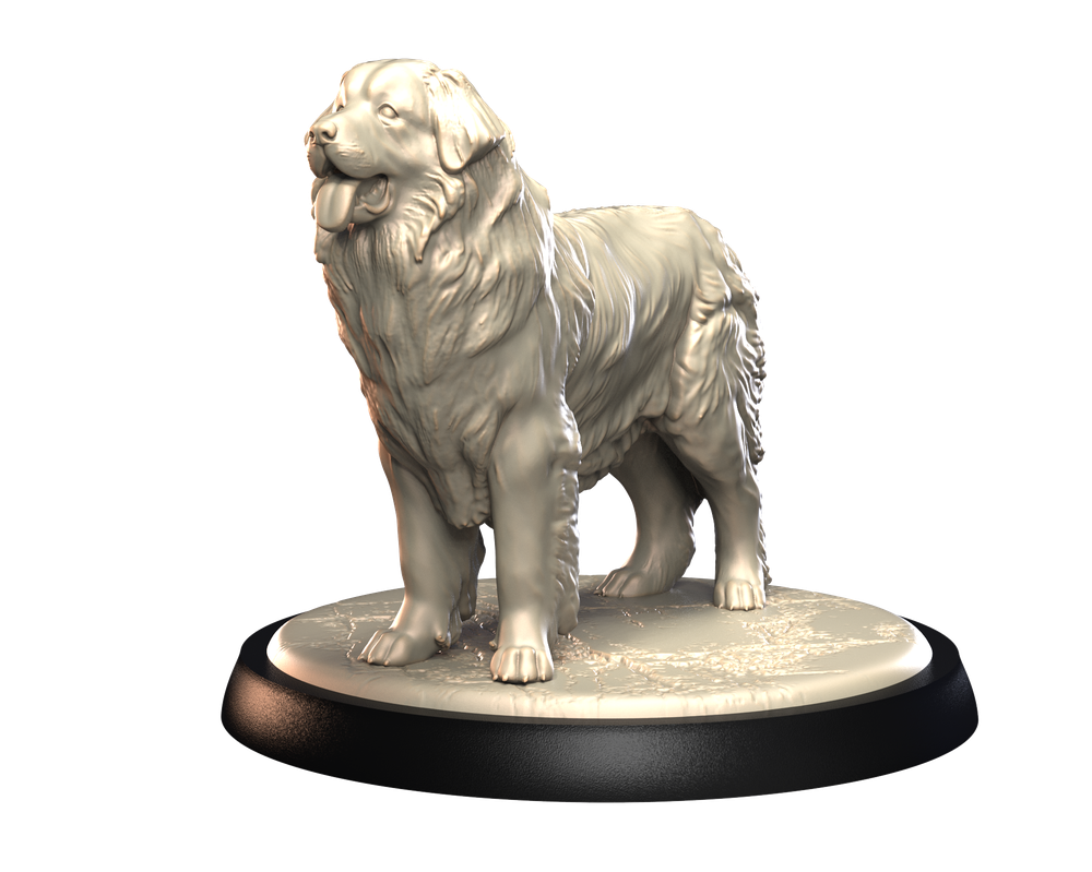 Unpainted 3D printed resin miniature of a Leonberger dog standing on a textured circular base, isolated on white.
