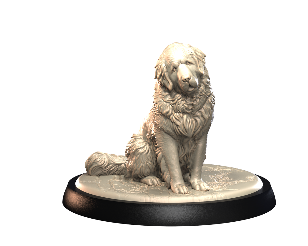 Unpainted 3D printed resin model of a seated Leonberger dog on a textured circular base for dioramas.