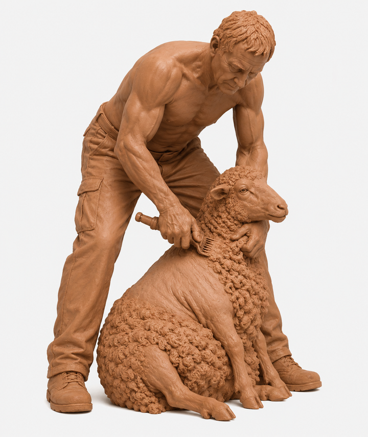 Painted-9503 Male Farmer Topless Sheering Sheep