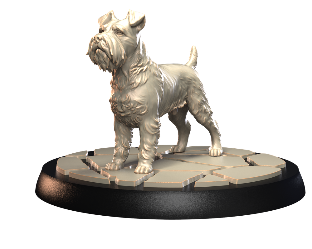 Unpainted 3D printed miniature of a Miniature Schnauzer standing on a textured stone-effect display base.