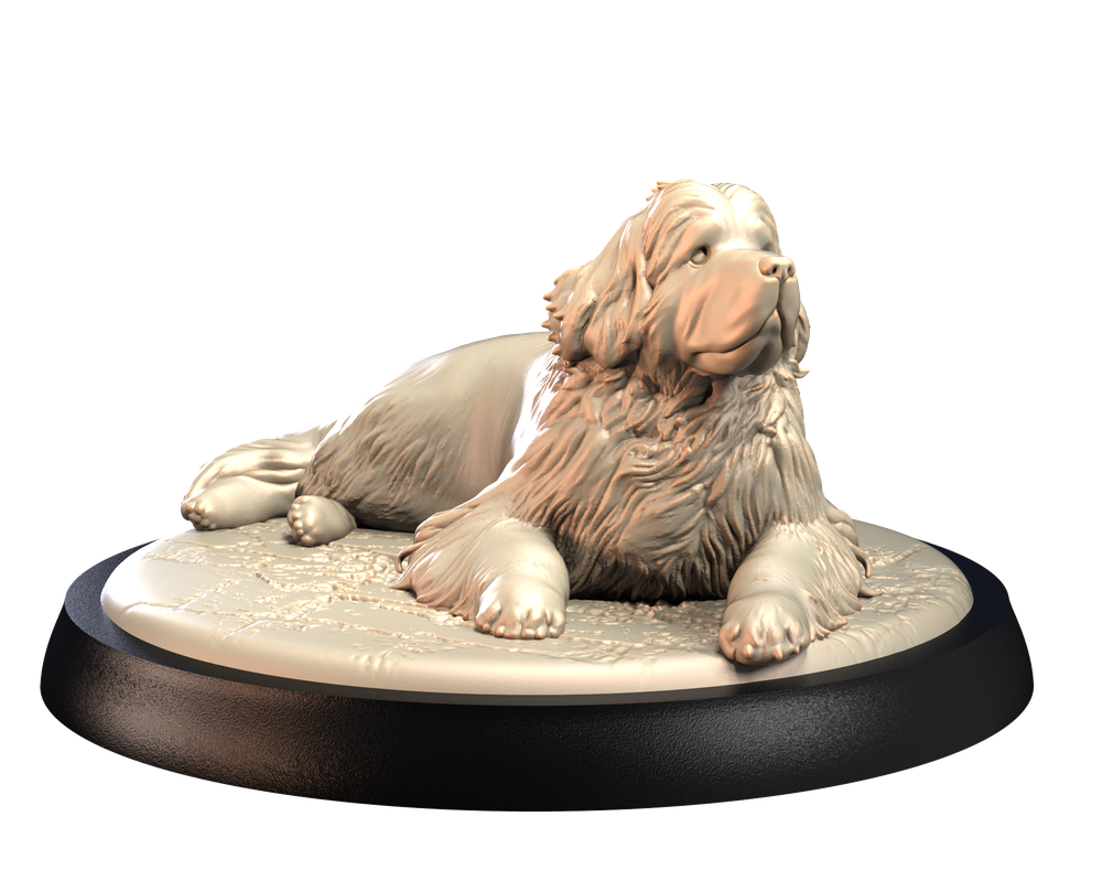 Unpainted 3D printed resin miniature of a lying Newfoundland dog on a circular base, detailed fur texture.