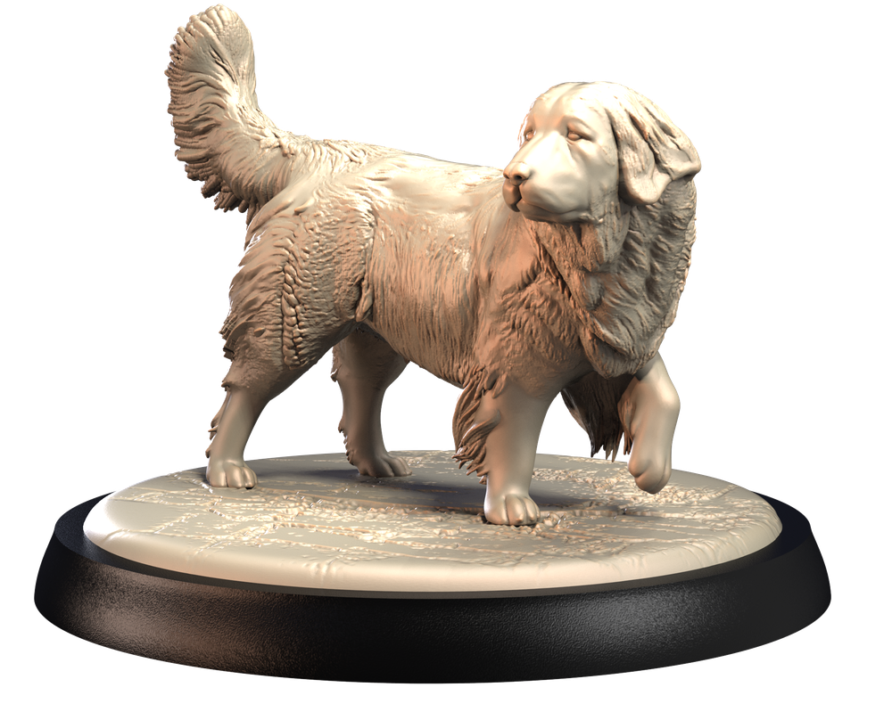Unpainted 3D printed resin Newfoundland dog miniature standing on a circular base, featuring detailed fur texture.