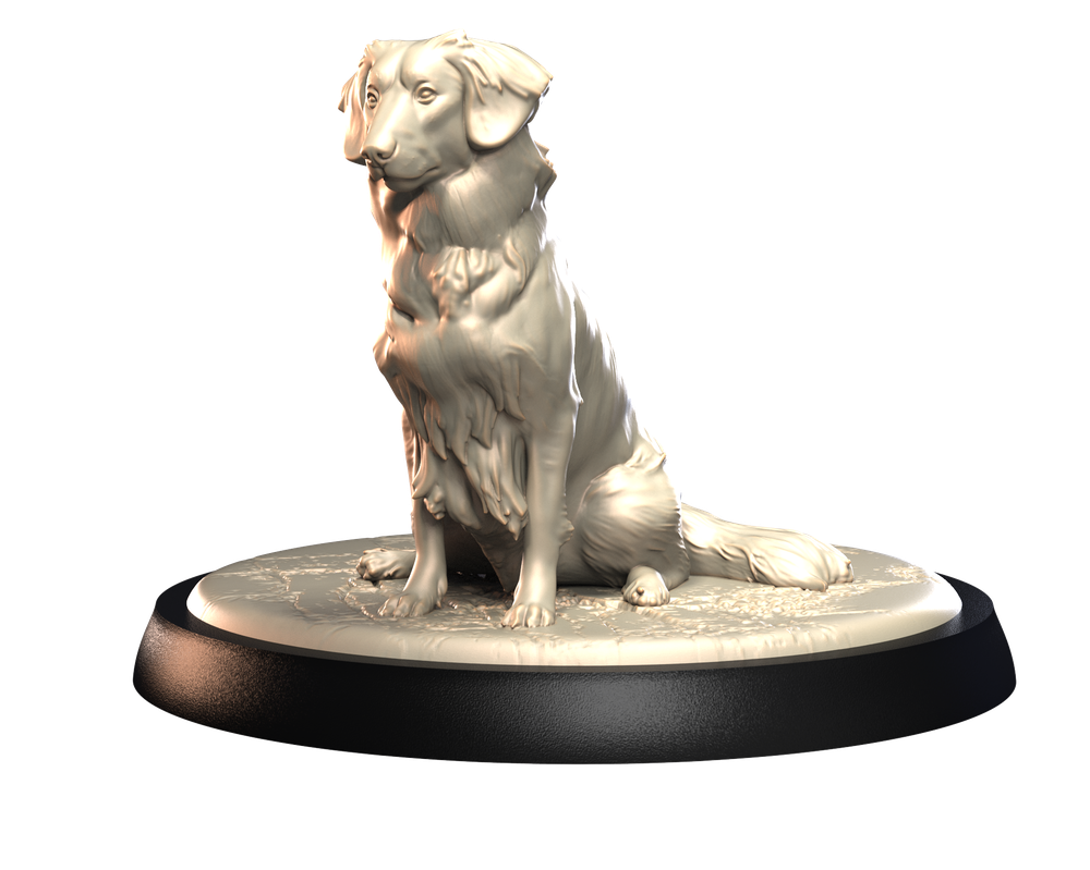 Unpainted 3D printed resin miniature of a sitting Nova Scotia Duck Tolling Retriever on a circular display base.