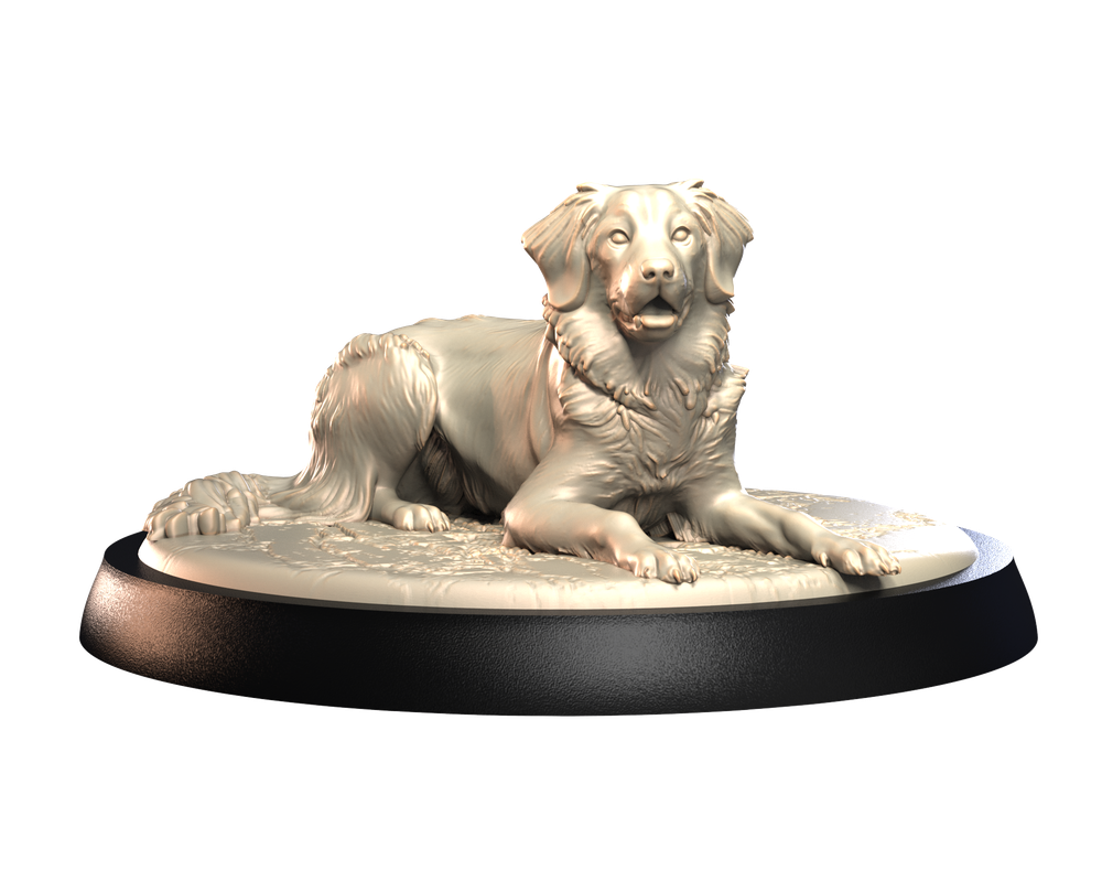 Unpainted 3D printed resin miniature of a Nova Scotia Duck Tolling Retriever lying down on a textured circular base.