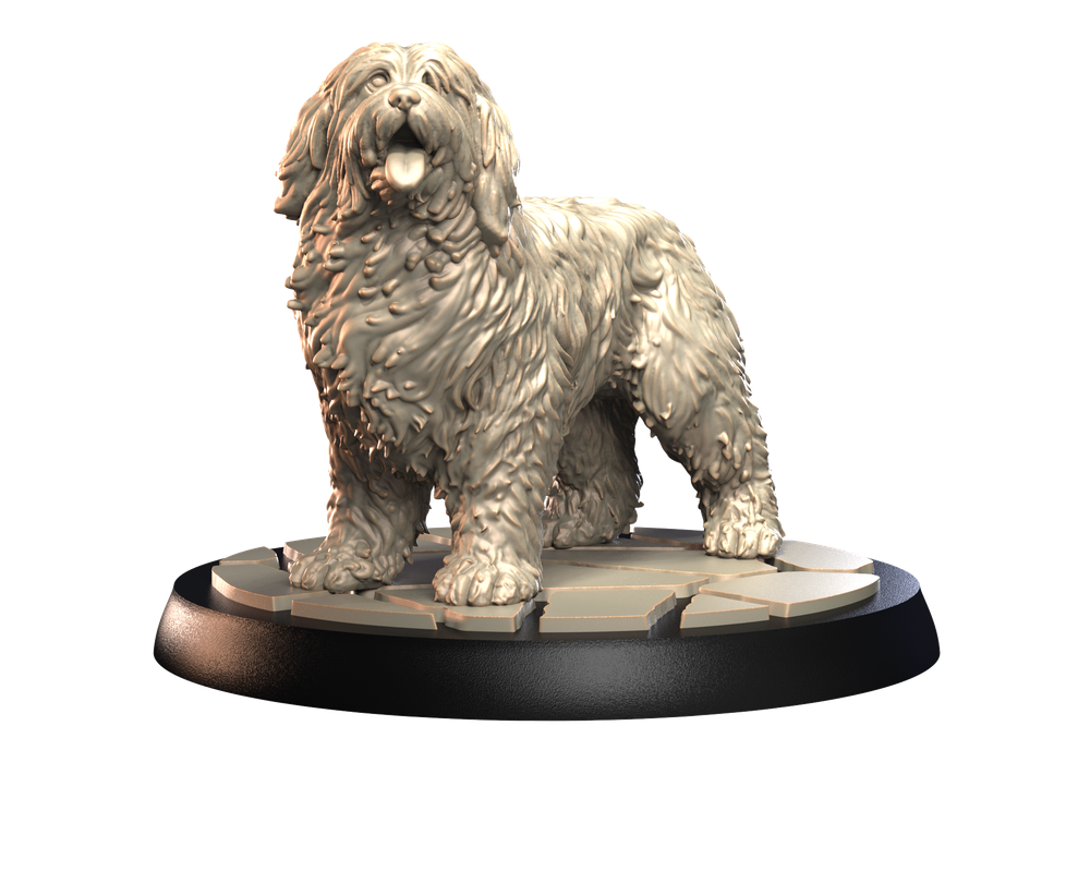 Unpainted 3D printed resin miniature of an Old English Sheepdog standing on a circular stone-effect display base.