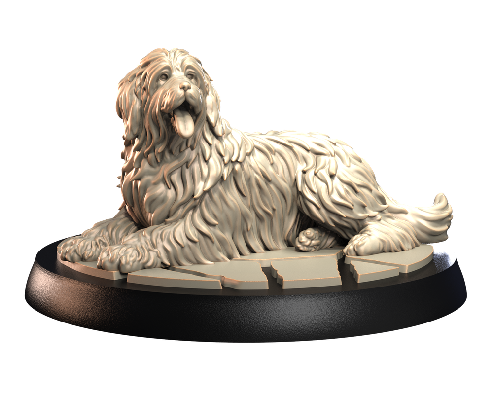 Unpainted 3D printed resin miniature of a lying Old English Sheepdog on a textured circular display base.