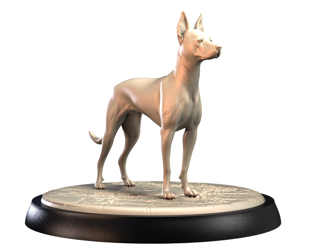 Unpainted 3D printed resin miniature of a Peruvian Inca Orchid dog standing on a circular textured display base.
