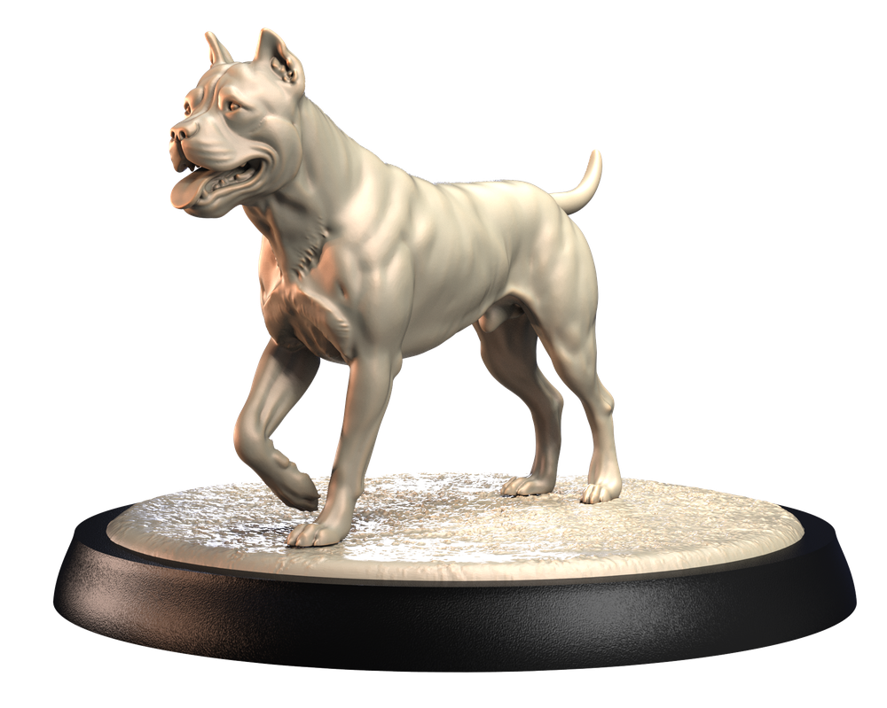 Unpainted 3D printed resin Pit Bull miniature standing on a textured circular display base.