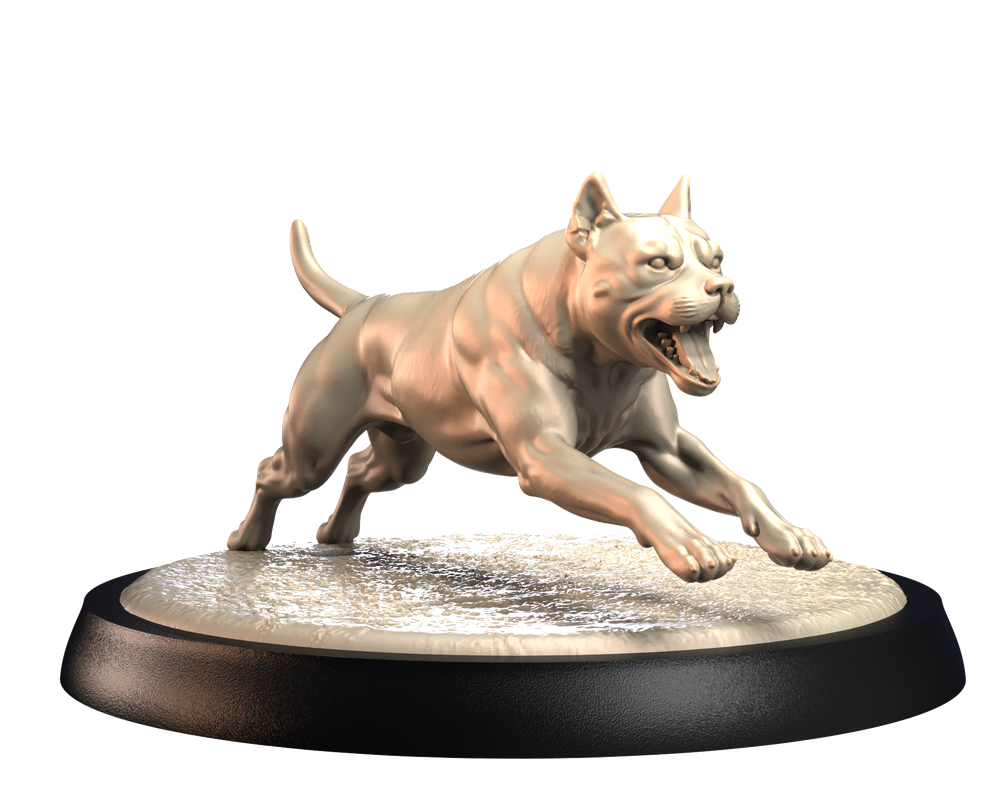 Unpainted 3D printed resin miniature of a charging Pit Bull on a circular display base.
