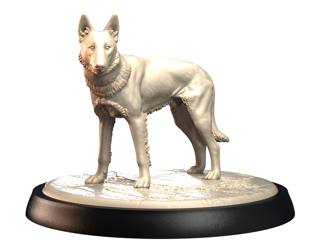 Unpainted 3D printed resin model of a Podenco Campanero dog standing on a textured circular display base.