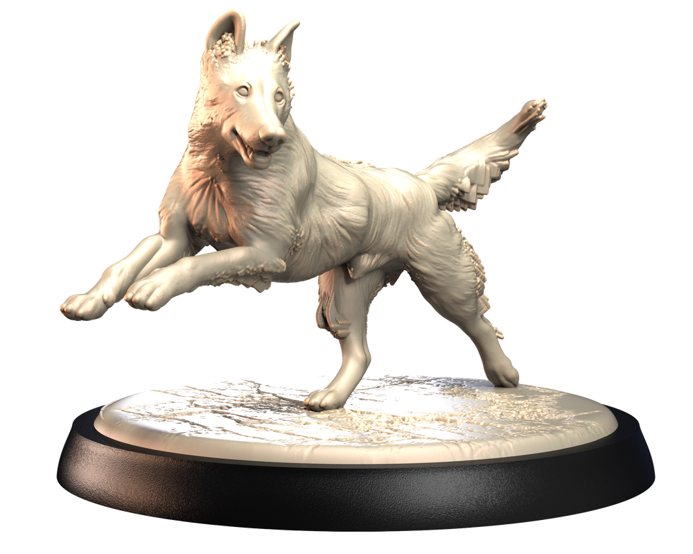 Unpainted 3D printed resin miniature of a running Podenco Campanero dog on a textured circular base.