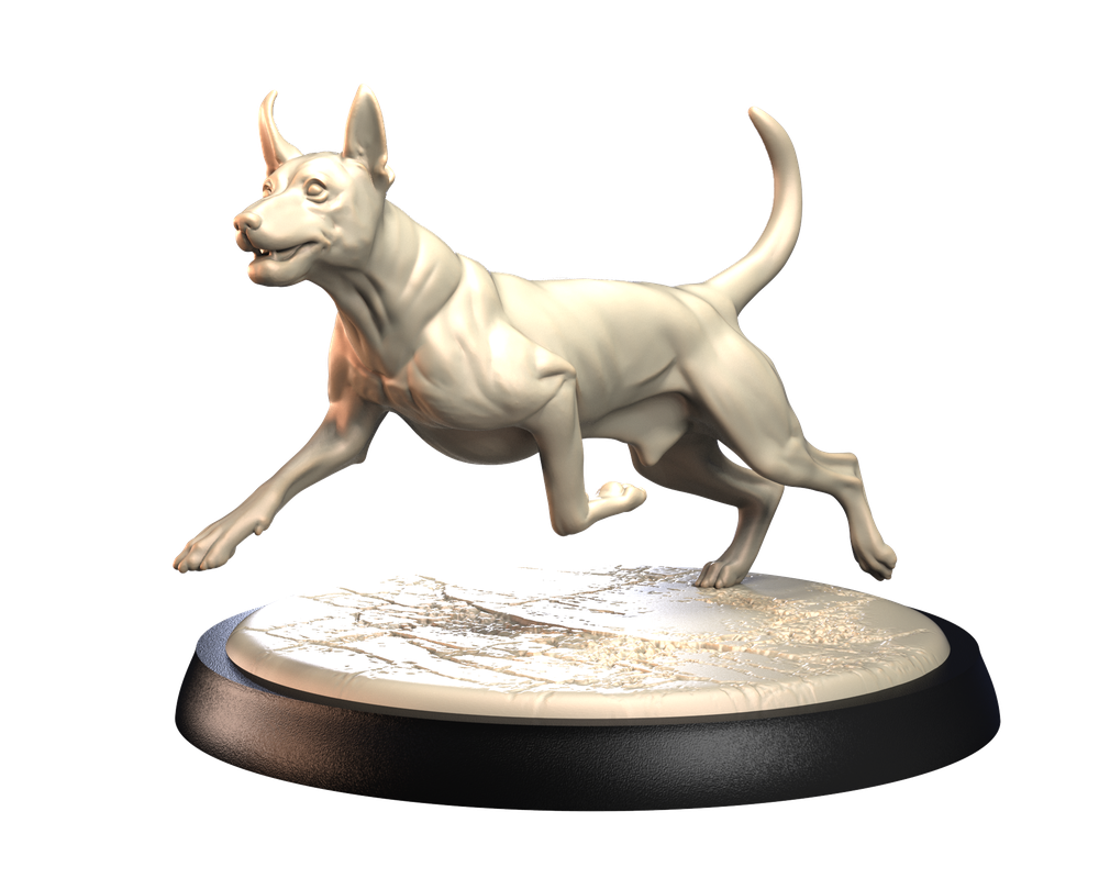 Unpainted 3D printed resin miniature of a running Podenco Ibicenco dog on a textured circular display base.