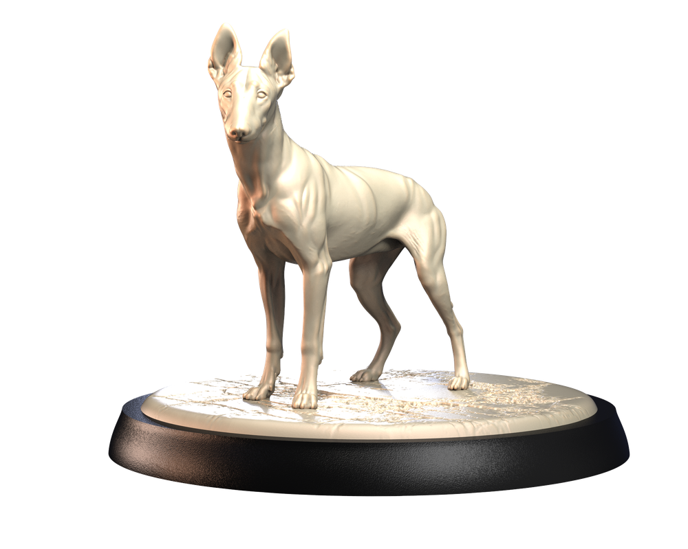 Unpainted 3D printed Podenco Ibicenco dog model on a textured circular base, rendered in a light cream resin.