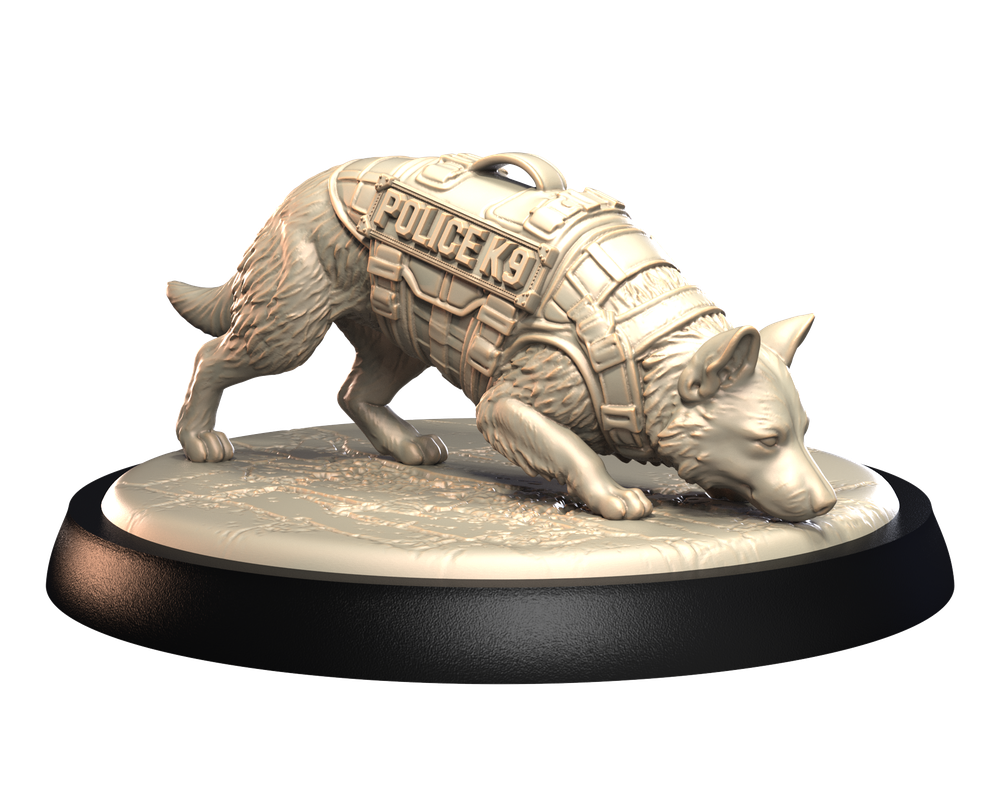 Unpainted 3D printed resin miniature of a Police K9 dog in a tactical vest, standing on a circular display base.