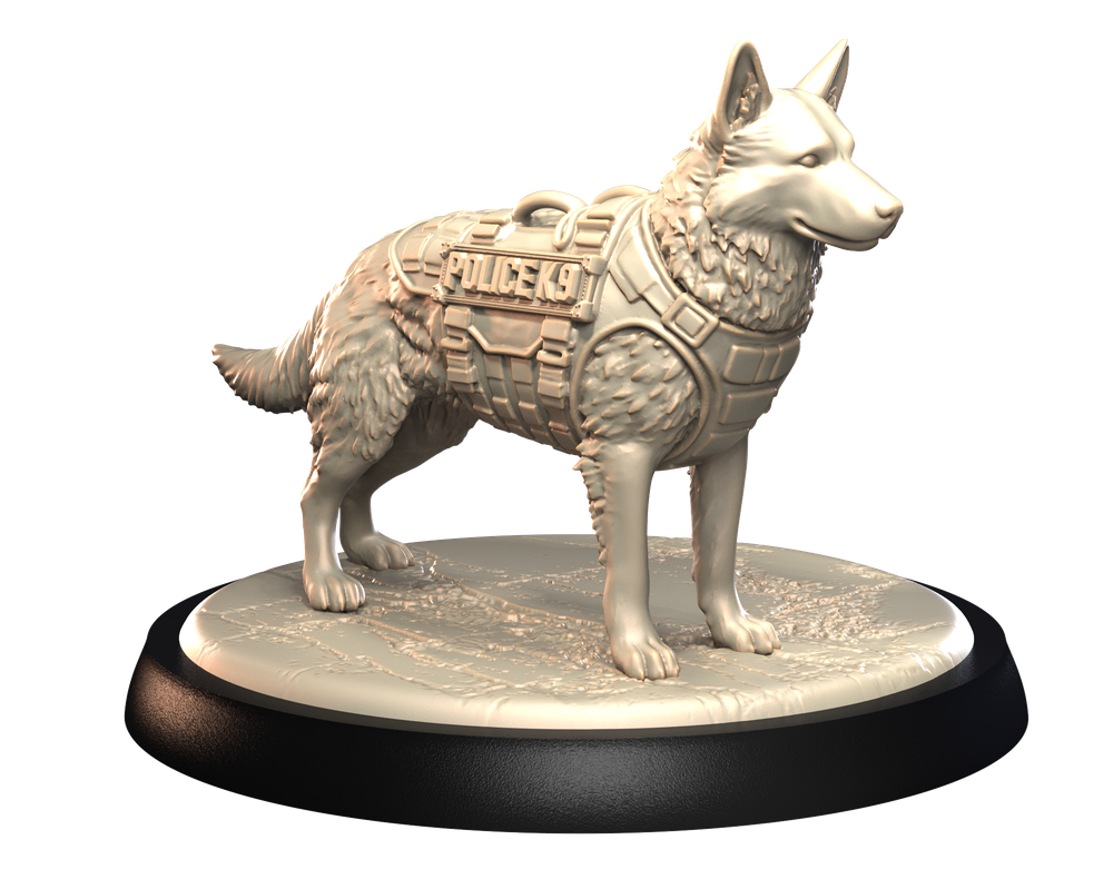 Unpainted 3D printed resin miniature of a Police K9 dog wearing a tactical vest, standing on a circular base.