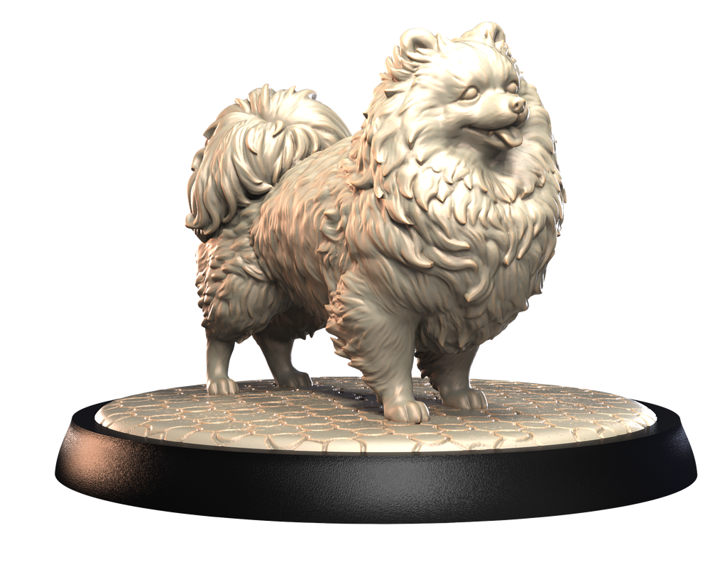 Unpainted 3D printed resin miniature of a fluffy Pomeranian dog standing on a textured circular display base.