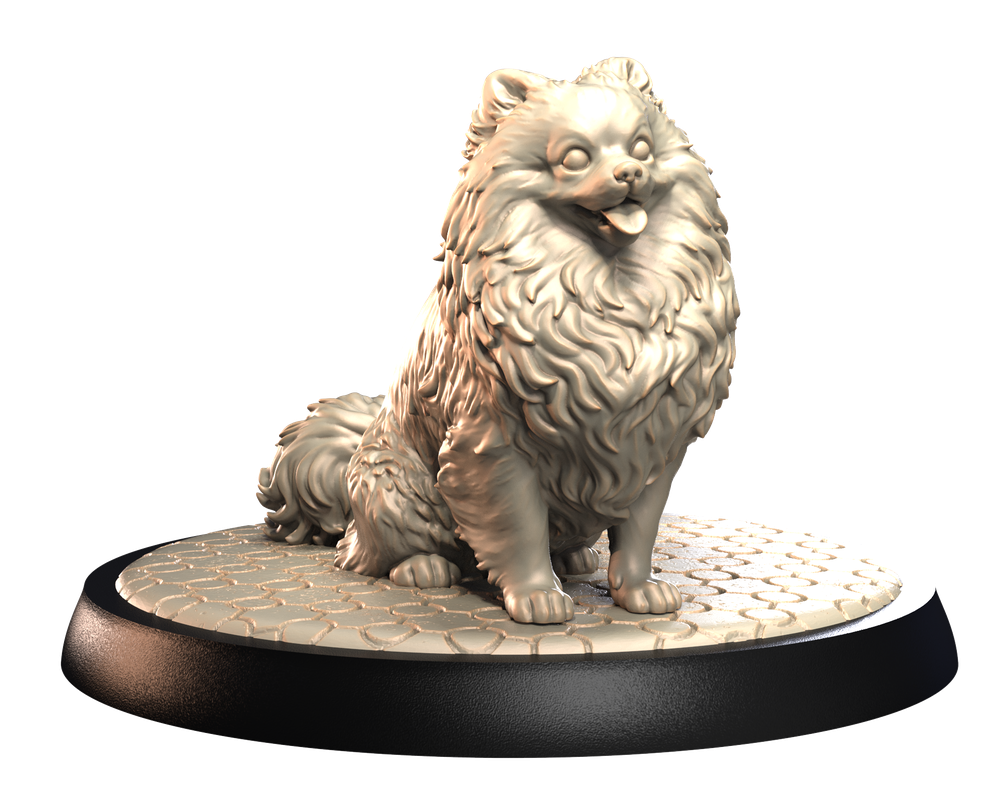 Unpainted 3D printed resin Pomeranian dog miniature on a textured cobblestone base for dioramas and wargaming.