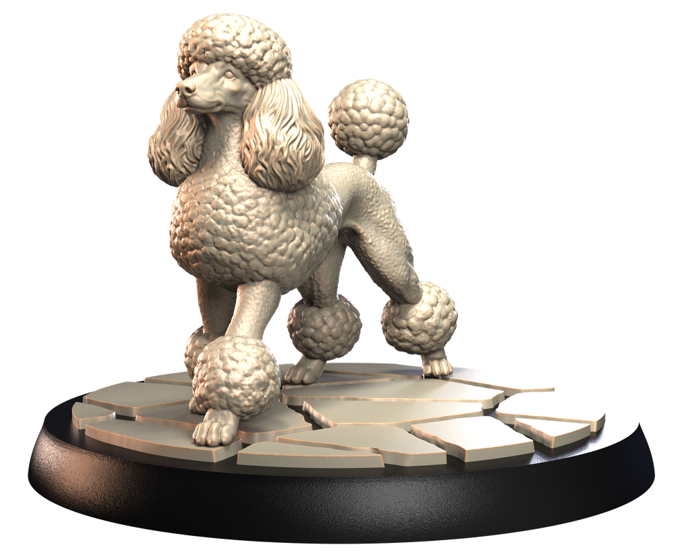 Unpainted 3D printed resin poodle miniature standing on a textured stone-style display base.