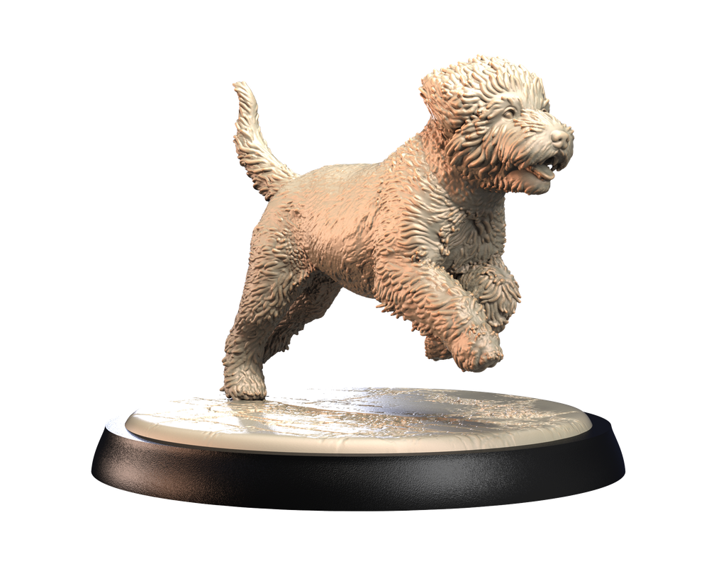 Unpainted 3D printed resin miniature of a Portuguese Waterdog in a running pose on a circular display base.