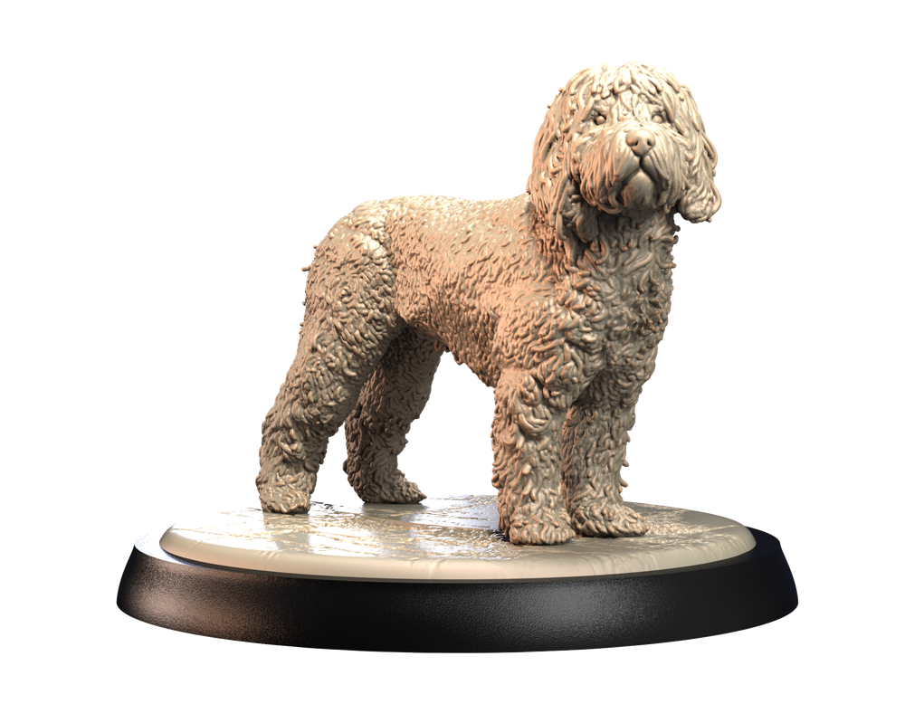 Unpainted 3D printed Portuguese Waterdog miniature with detailed curly fur texture on a circular display base.